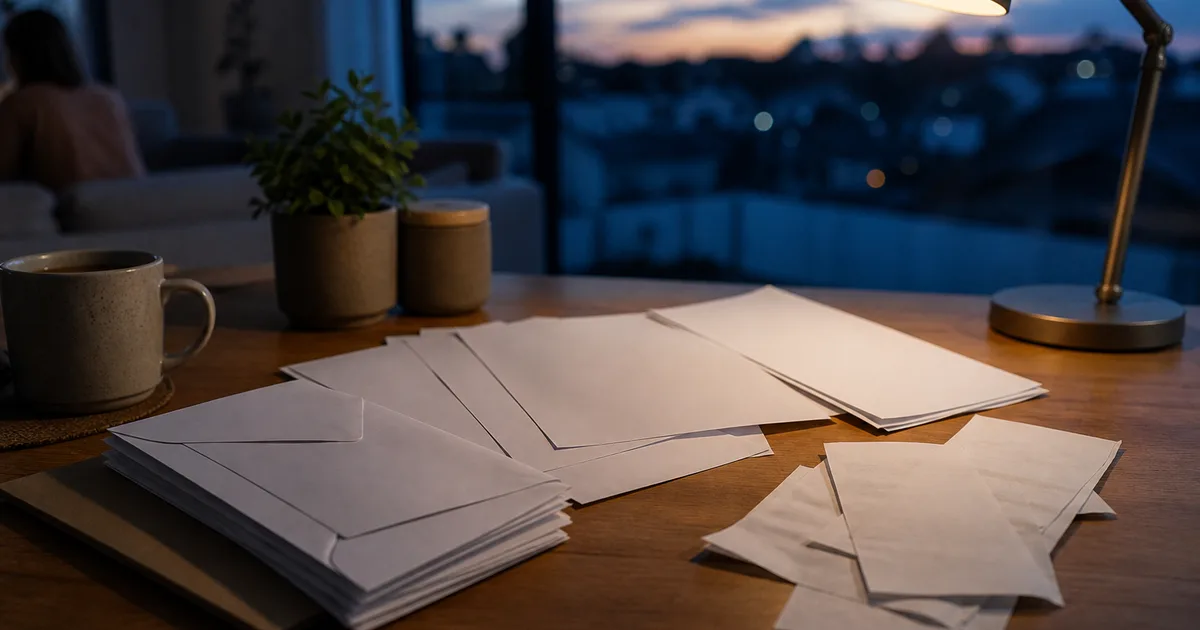 A stack of official immigration paperwork and a pen beside a folded medical exam envelope on a home office desk in soft natural light.
