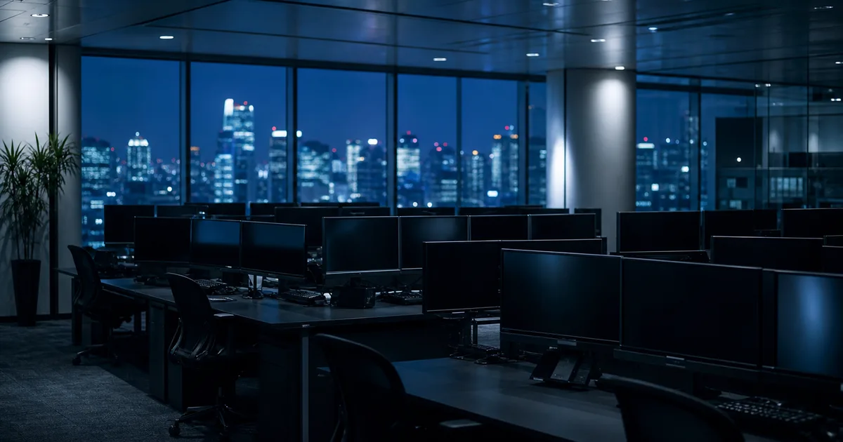 A young professional reviewing financial data on multiple monitors in a modern open-plan office with floor-to-ceiling windows overlooking a city skyline at dusk