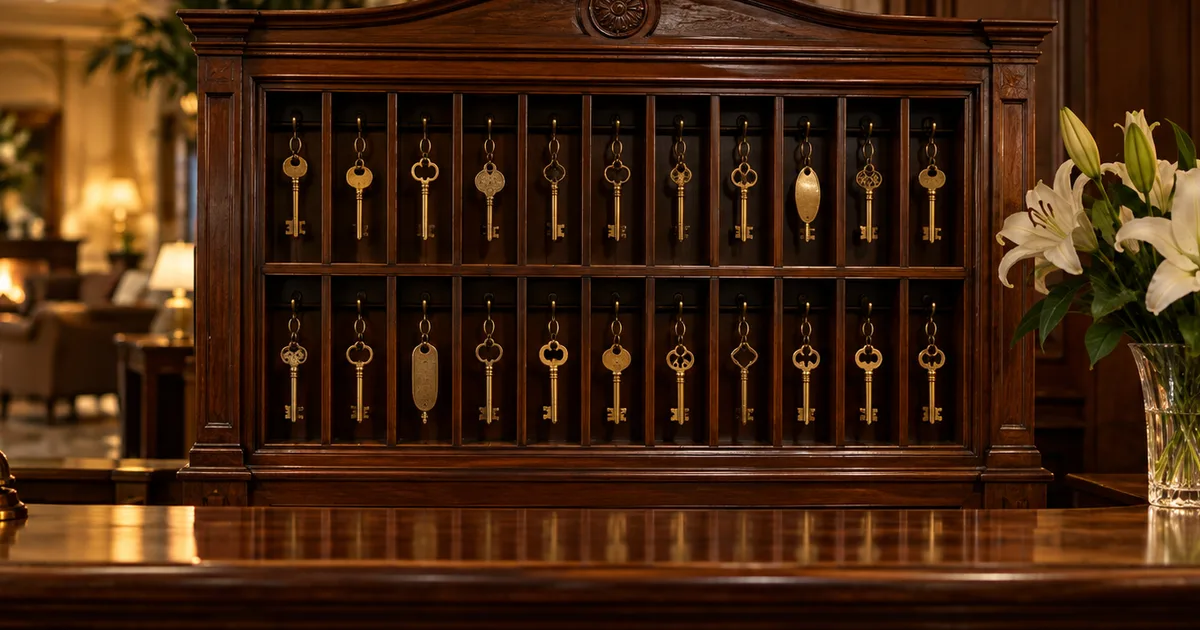 A hotel lobby key cabinet of polished wood with a row of differently shaped brass keys hanging on hooks, warm evening light and a vase of lilies on the