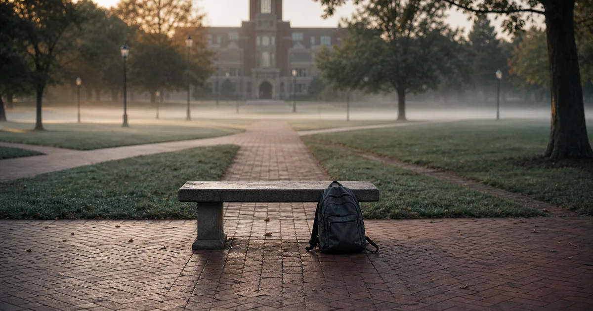 A university campus quad with brick buildings in the background and international students walking across a leaf-scattered pathway on a fall afternoon