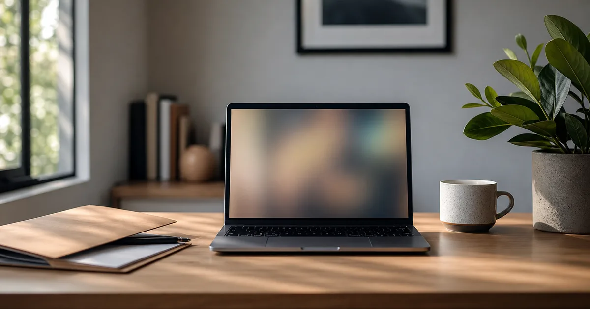 A tidy home desk with a laptop showing a blurred benefits page, a coffee and an open folder, calm morning light, no readable text, no people