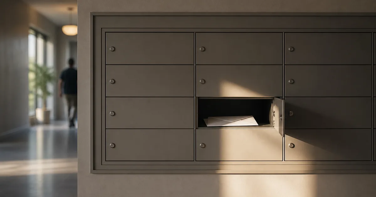 Close-up of a hand opening a white government mail envelope at a kitchen table in morning light.