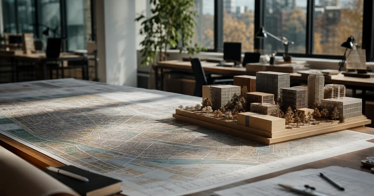 A planning office with a large city map on the table and a scale model of an urban block, drafting tools, bright daylight, no people