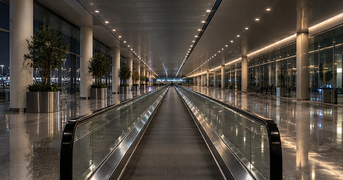 A long, empty international arrivals corridor at night with a moving walkway and rows of ceiling lights reflecting on a polished floor