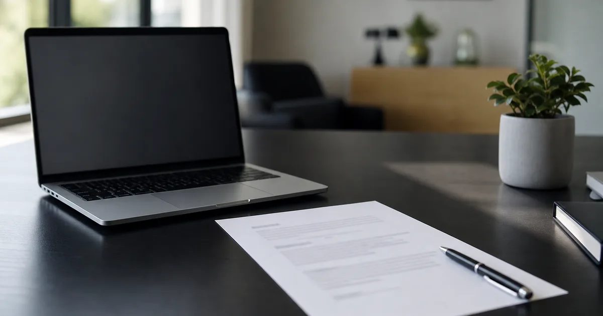 A clean desk with a printed resume whose text is softly blurred, a laptop and pen, organized minimal light