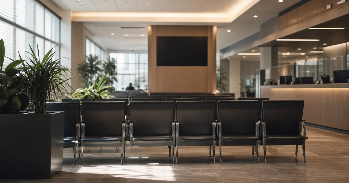 A modern government services waiting room with rows of chairs, a numbered ticket display, and soft overhead lighting casting a calm atmosphere
