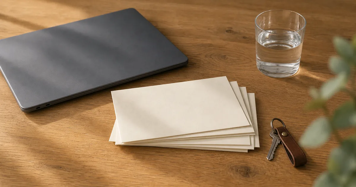 A stack of unopened plain envelopes resting on a wooden table beside a set of keys and a closed laptop in soft afternoon light