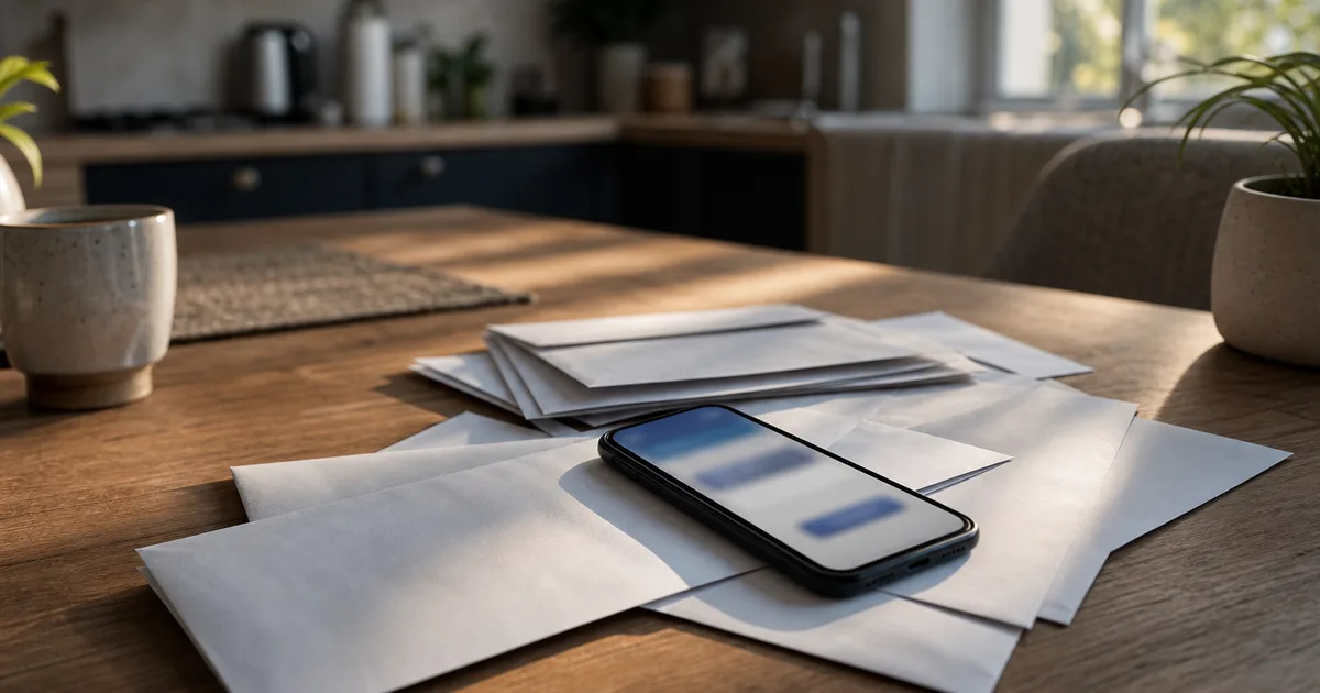 A close-up of official mail spread across a kitchen table with a smartphone screen open to a government website in soft morning light