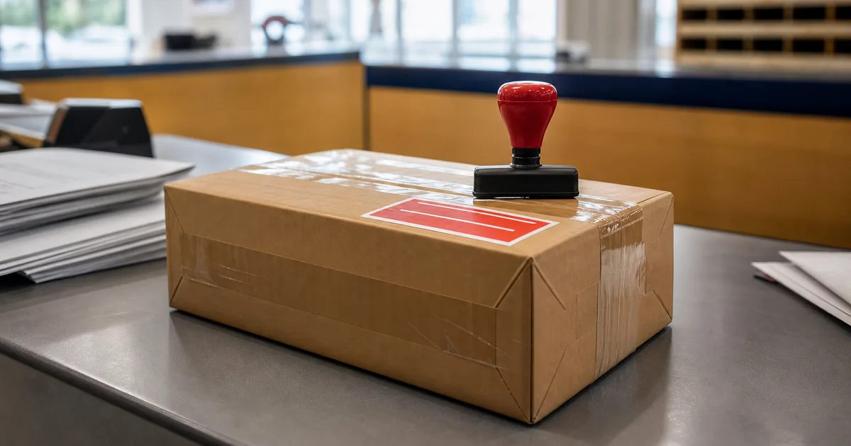 An urgent express parcel on a post office counter with a clerk stamping priority labels under bright institutional lighting