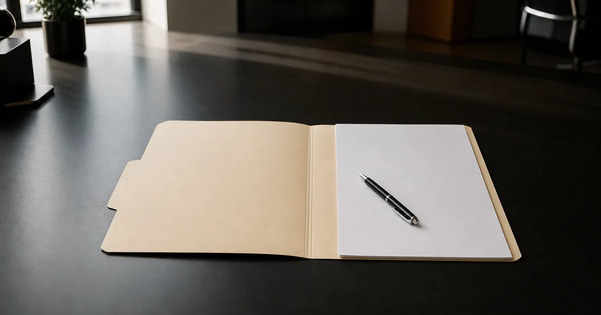 A sleek modern office desk with a single open manila folder, a pen resting on blank paper, and soft window light falling across the surface