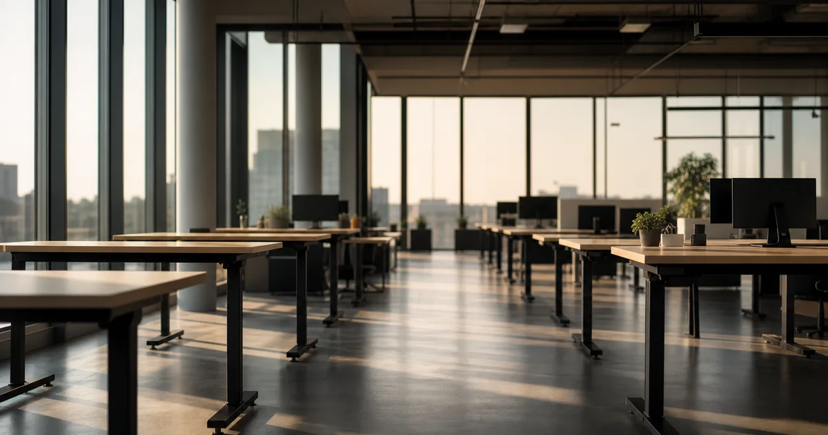 An empty open-plan office with rows of standing desks bathed in afternoon sunlight coming through floor-to-ceiling windows, no people visible