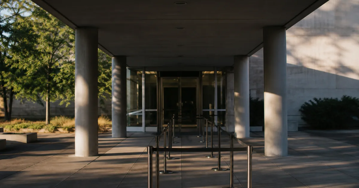 A government office waiting area with rows of chairs, a check-in counter, and sunlight coming through tall windows