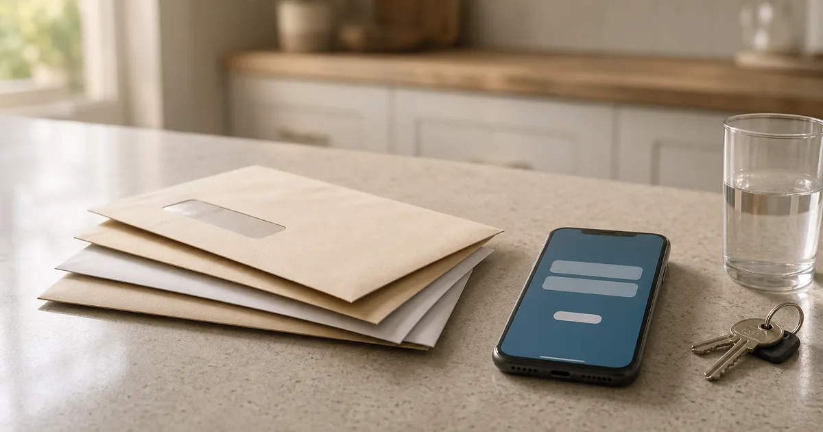 A stack of unopened official-looking envelopes beside a phone showing a blank account login screen on a kitchen counter in morning light, no people