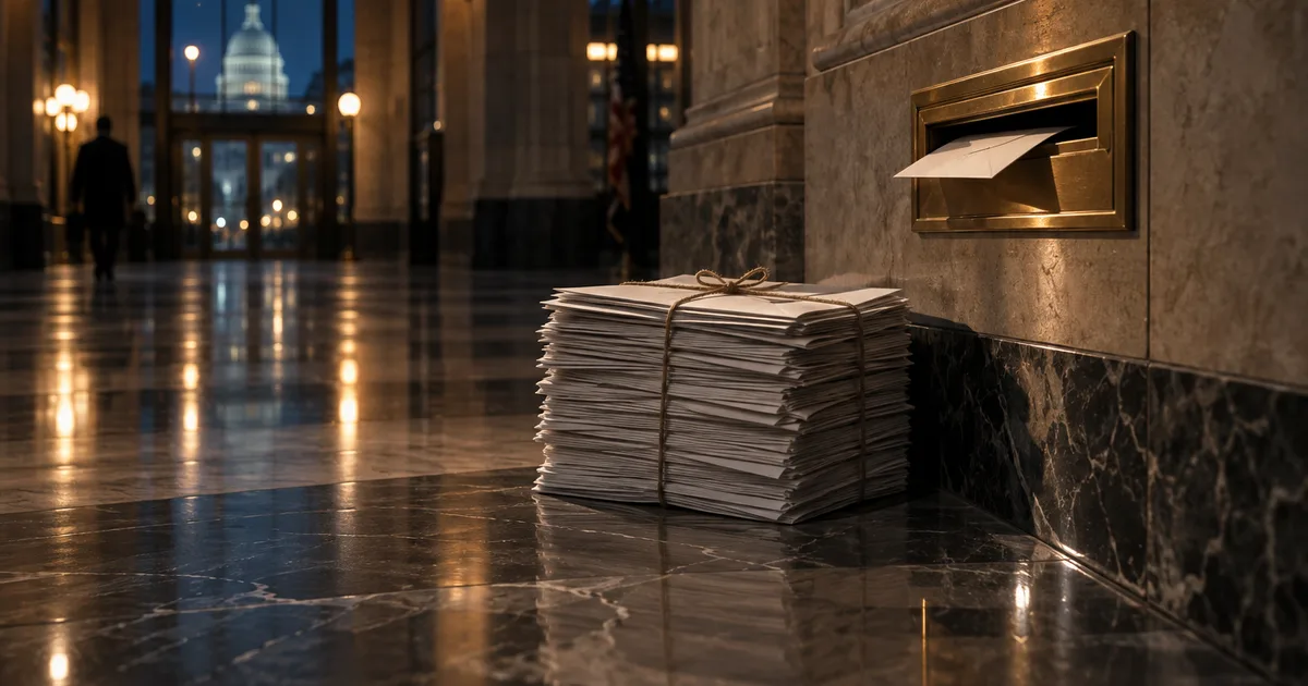 A tall stack of paper forms bound with twine beside a slim brass mail drop slot in a quiet federal building lobby at night, one envelope half-inserted