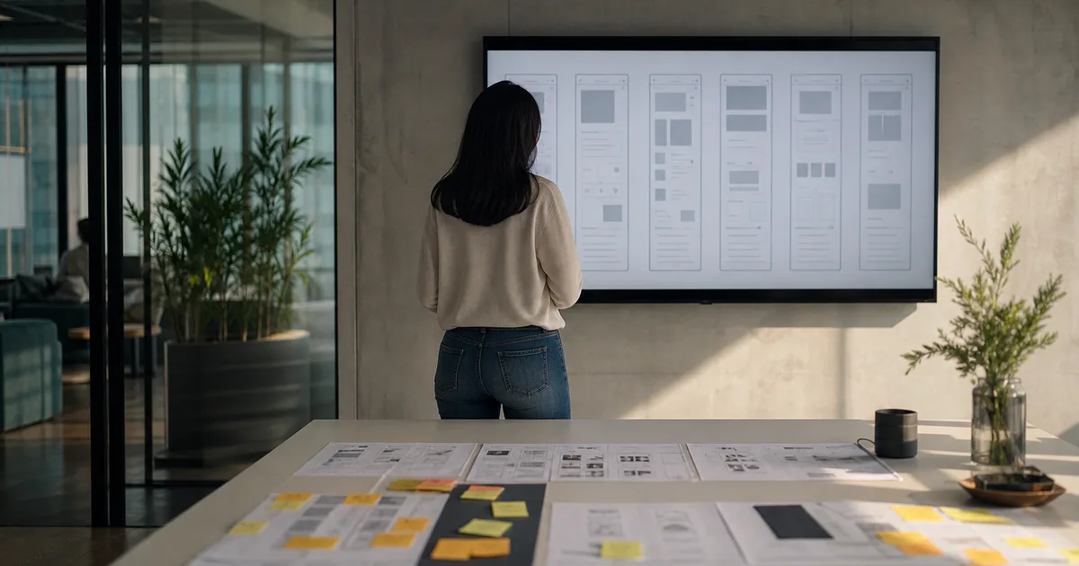 A UX designer presenting wireframes on a large wall-mounted display in a glass-walled conference room, with sticky notes and printed user journey maps spread