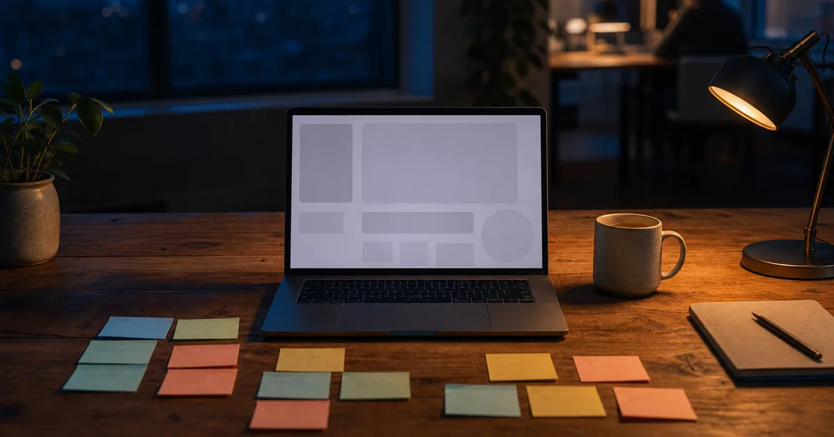 A researcher sits at a wooden desk reviewing printed affinity diagrams and sticky notes spread across the surface, laptop open beside them