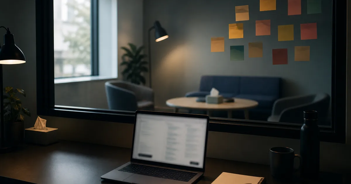 A UX research lab with a one-way observation setup, sticky notes on a glass wall and a laptop showing blurred interview notes, soft daylight, no readable