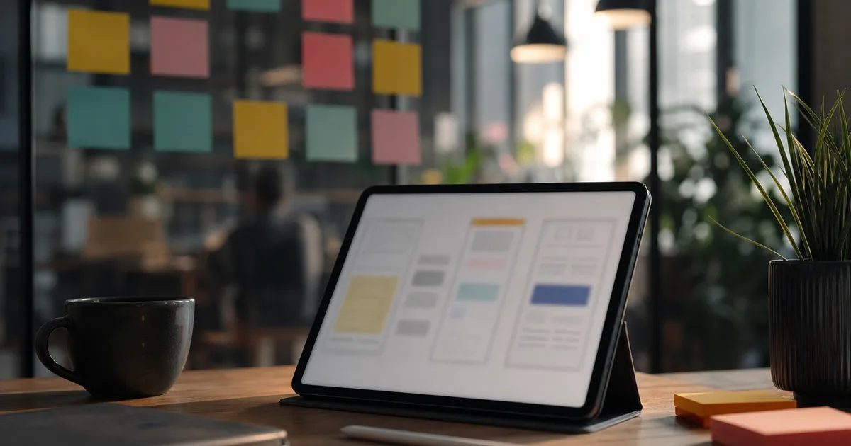 A designers desk with a tablet and stylus showing blurred wireframes, sticky notes on a glass panel, warm creative light