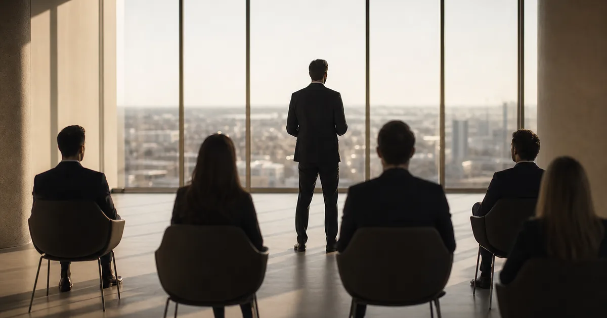 A founder standing before a panel of seated investors in a minimalist pitch room, large windows behind the founder, afternoon light streaming in
