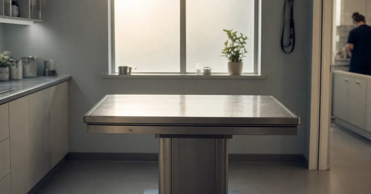 A veterinary clinic exam room at early morning, a stainless steel table lit by light through a frosted window