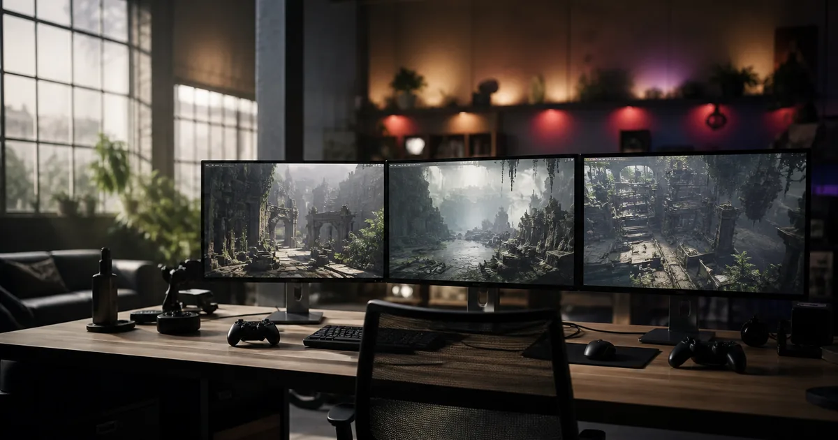 A game studio workspace with multiple monitors showing blurred 3D scenes, controllers on the desk, neon-tinged ambient light