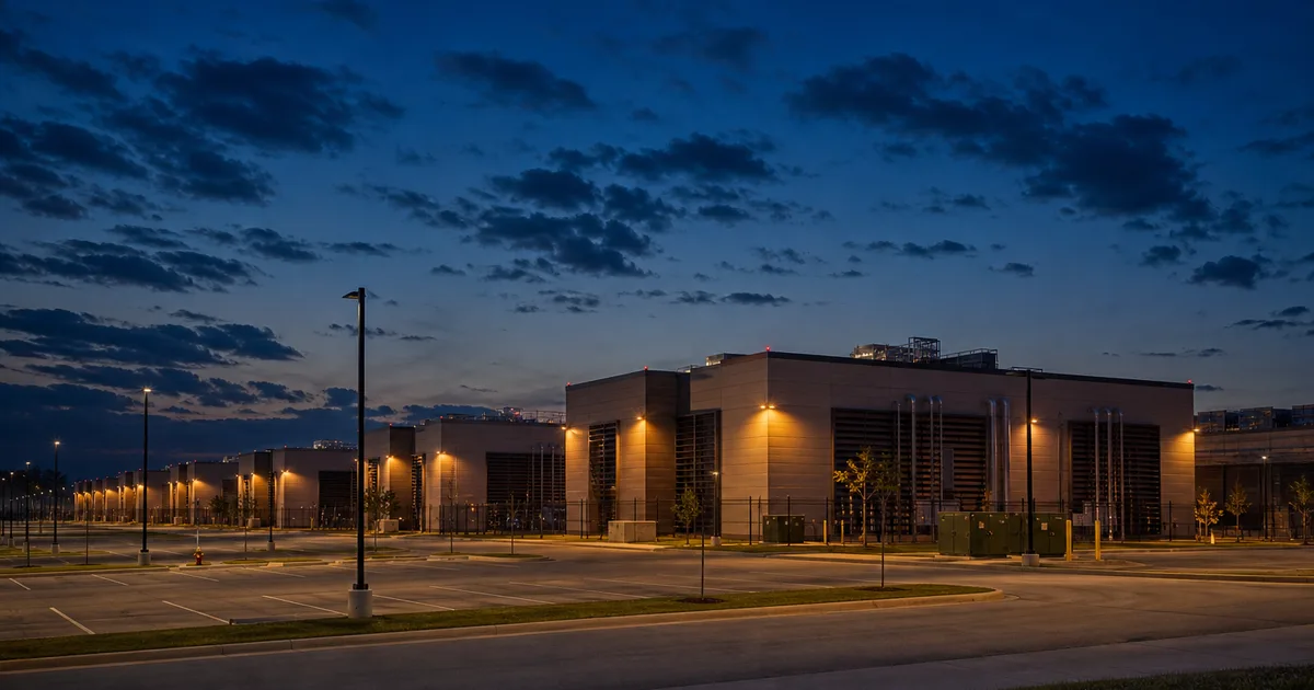 Aerial view of Northern Virginia data center campus at dusk with rows of server buildings and distant Washington DC skyline