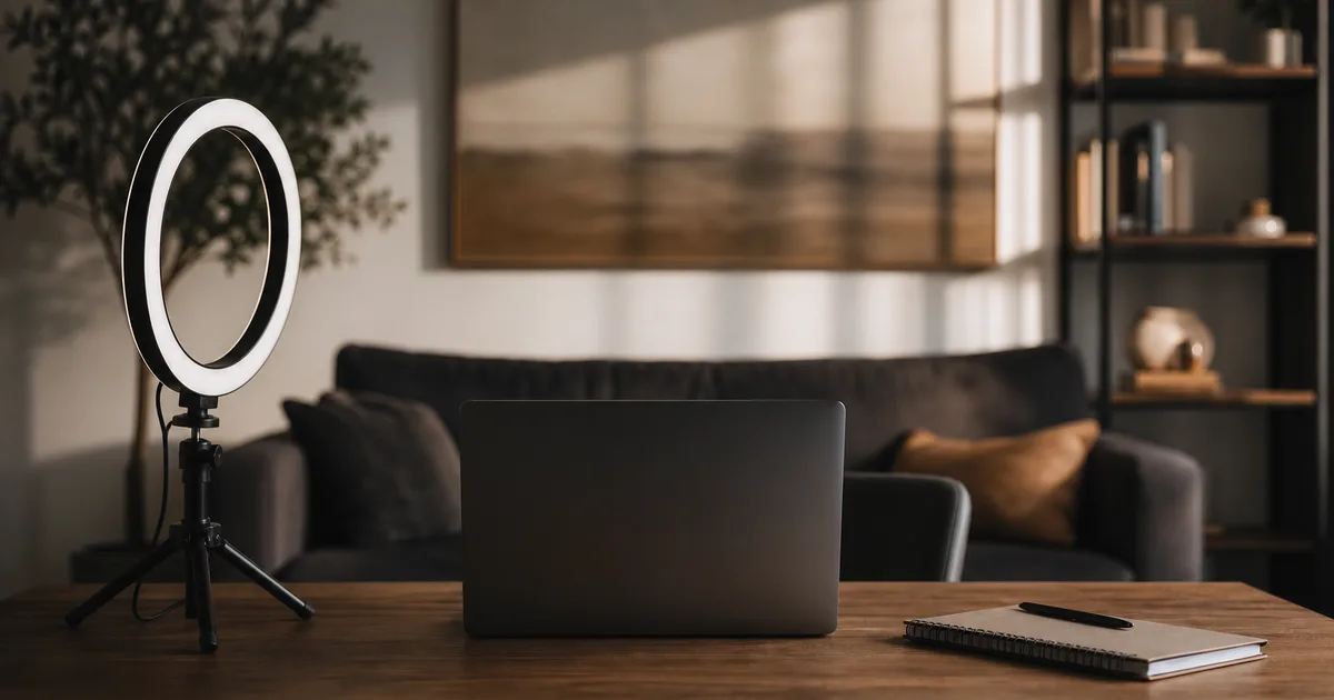 A tidy home interview setup with a laptop, a ring light and a neutral background, a notebook beside it, warm even light, no people