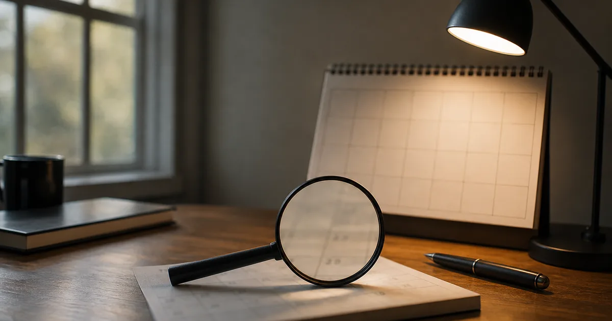 A desk with a wall calendar, a magnifying glass over a blurred table of dates and a pen, focused study light, no readable text, no people