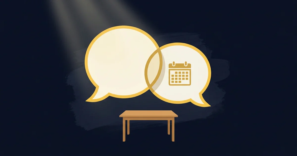 Two abstract speech bubbles facing each other across a table, one holding a small calendar icon.