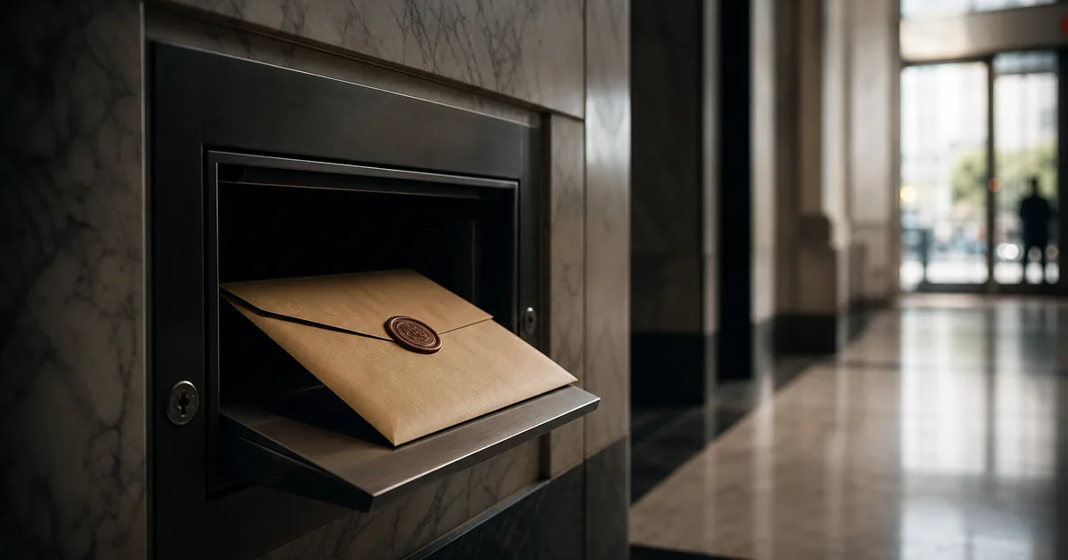 A sealed diplomatic envelope being deposited into a secure drop-slot at a consular facility, clean marble entryway with official signage in the background