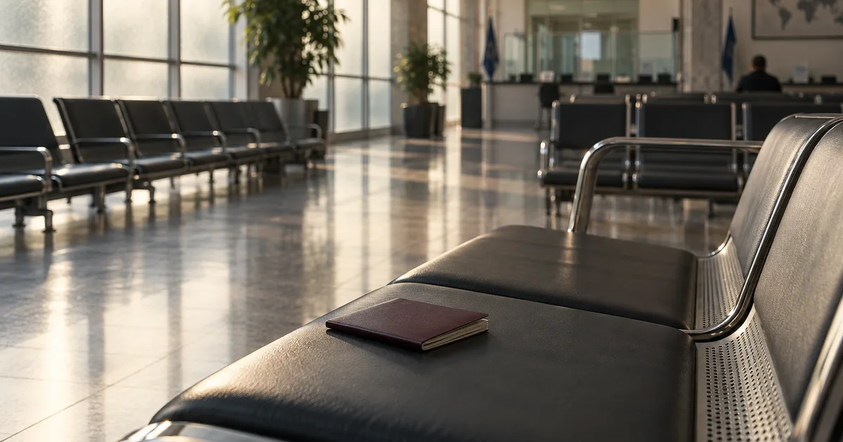 A single closed passport left on a bench in an empty consular waiting hall, rows of numbered-ticket chairs and muted morning light through frosted windows