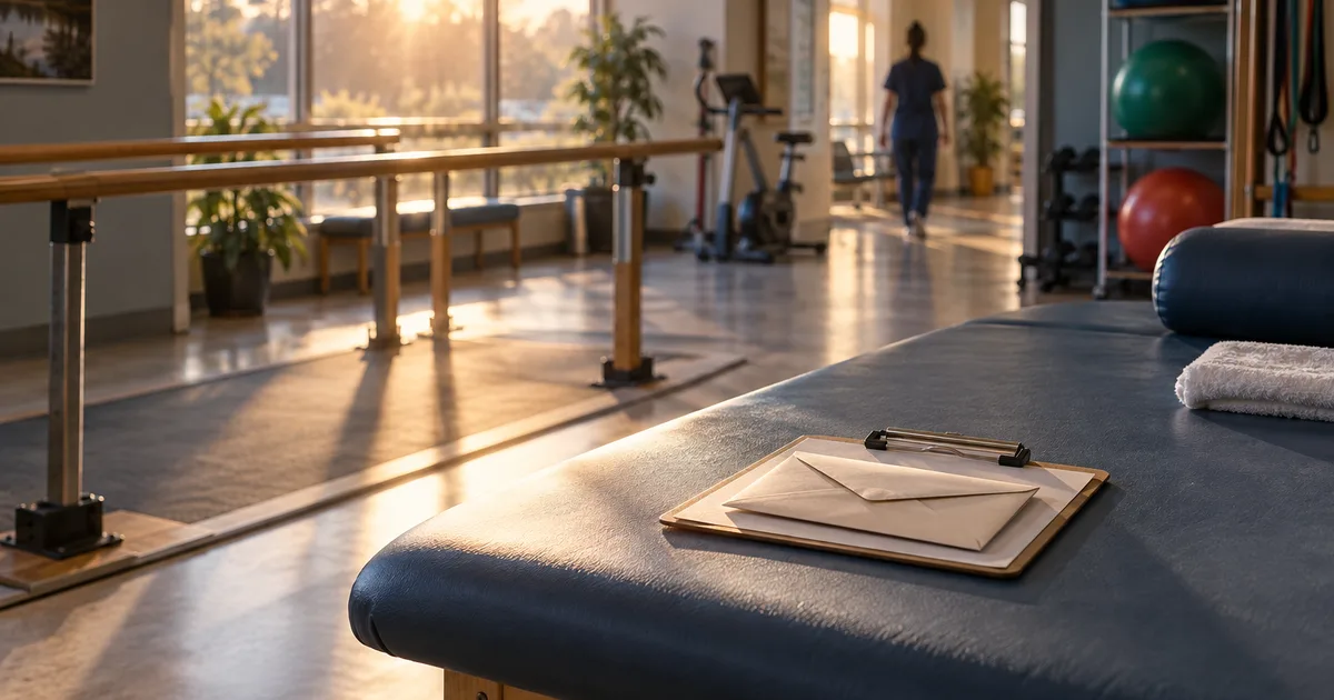 A hospital rehabilitation gym in early morning, wooden parallel bars, stacked therapy balls and a padded treatment table in soft window light, a sealed