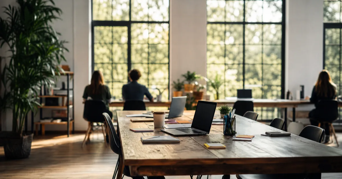 A bright nonprofit workspace with a long shared table of open laptops and notebooks, daylight through tall windows, warm and collaborative
