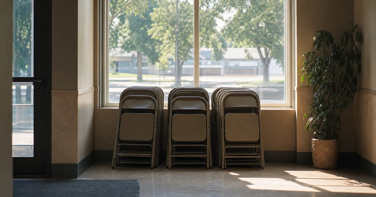 A nonprofit community center lobby at midday, folding chairs stacked neatly beside a sunlit front window