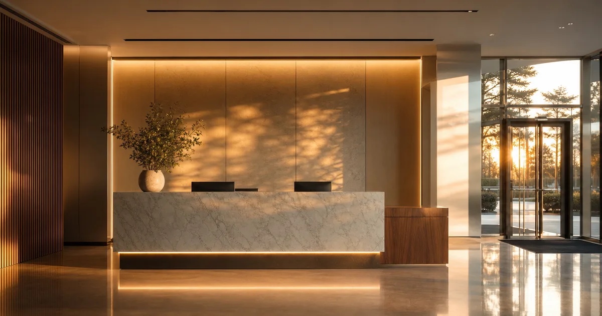 A modern tech office lobby at golden hour, a reception desk and glass doors reflecting warm evening light, no one in frame