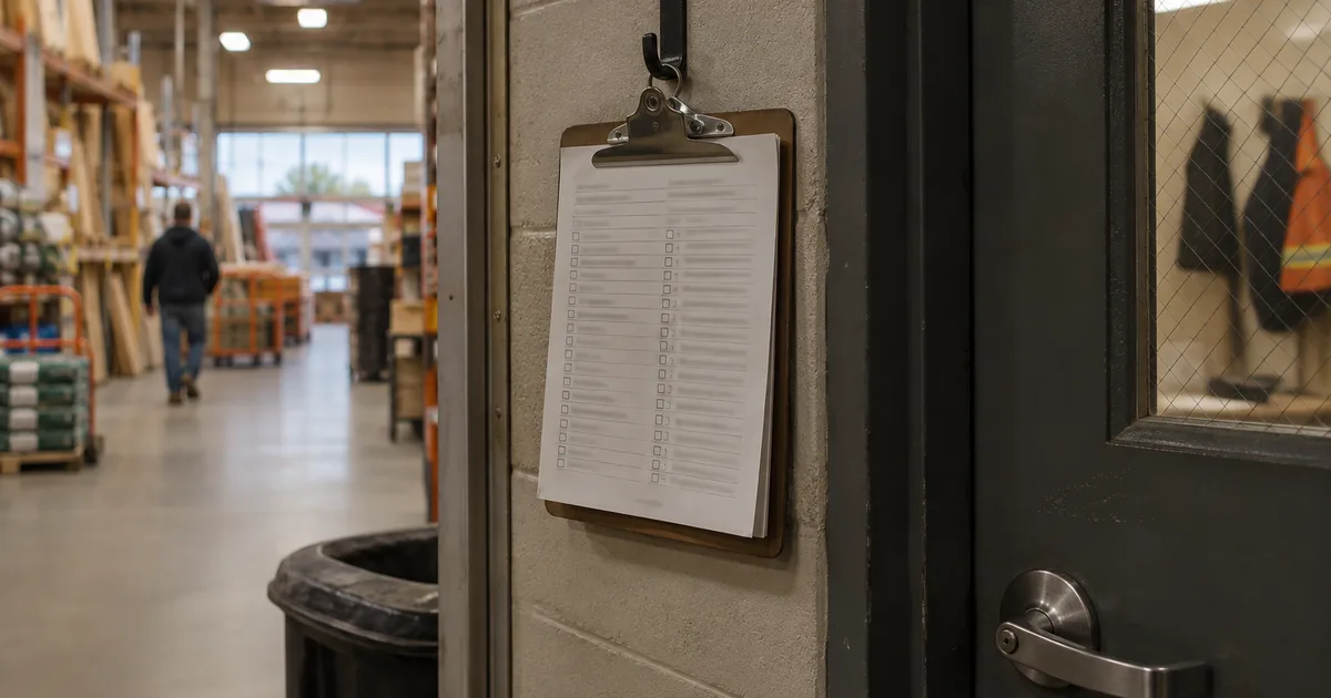 A paper job application on a clipboard hanging from a hook beside a hardware store's employee door, rows of checkboxes blurred and unreadable, soft