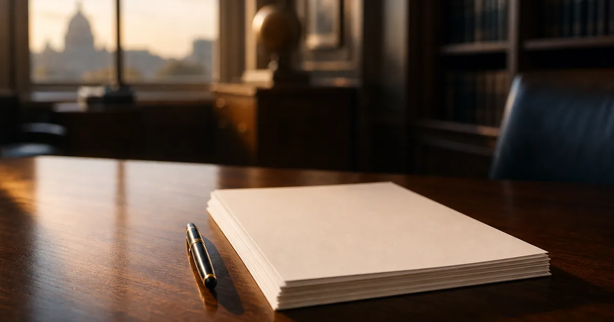 An early morning law office desk, a pen resting beside a stack of unsigned paper documents