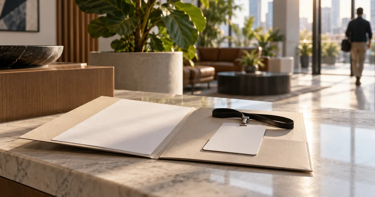 A plain laminated work-permit card resting on an open employee onboarding folder on a sunlit reception counter in a modern startup lobby, bright morning