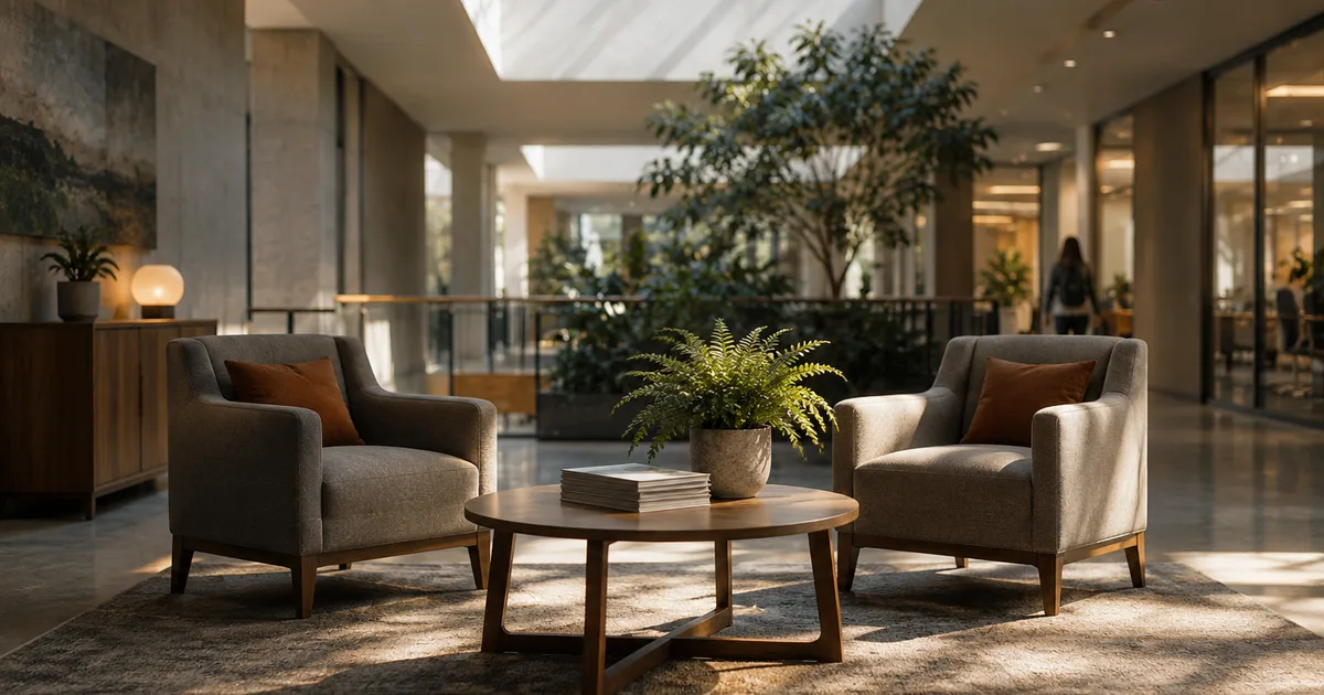 An empty university co-op and internship office waiting nook with two armchairs and a potted fern under a skylight, a stack of blank brochures face-down on a