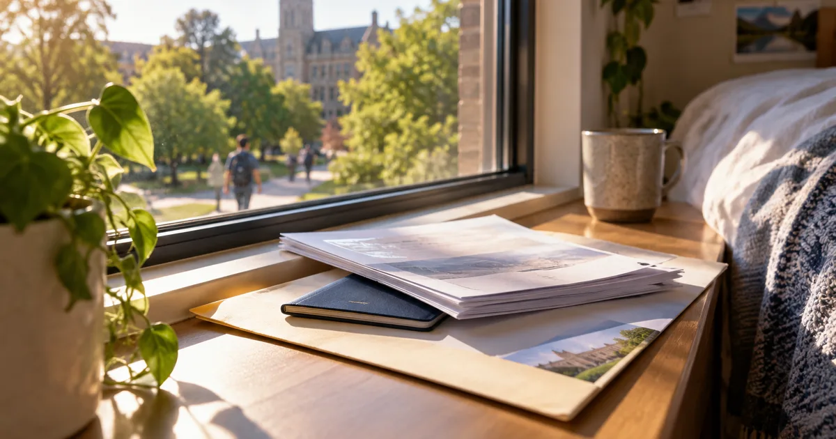A multi-page school-issued student document resting on a closed passport and an acceptance packet on a sunny dorm-room windowsill, early morning light