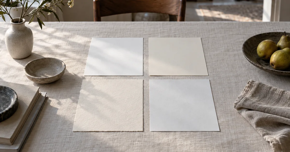 Four official notice letters of slightly different paper weights laid out in a tidy grid on a pale linen tablecloth, overhead flat-lay in soft north-window