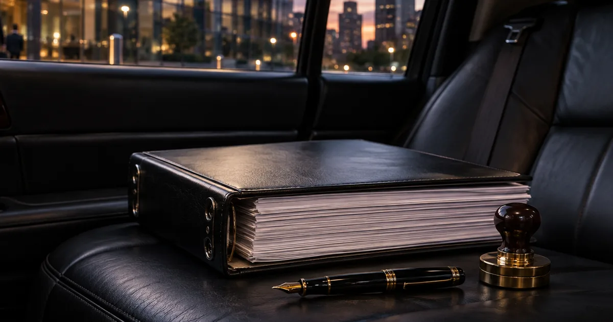 A heavy petition binder, a company embossing seal and a fountain pen on the leather back seat of a black town car parked outside a glass office tower at dusk