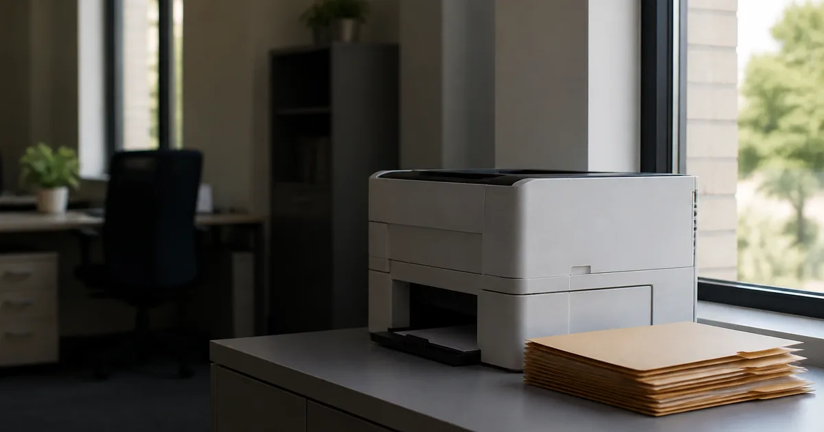 A person at a desk reviewing printed employment paperwork next to a laptop, with a notebook and coffee cup nearby