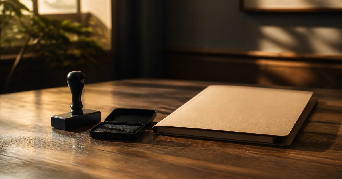 An immigration paralegal's desk with a stack of visa petition paperwork, a calculator, and a company checkbook, no visible text or logos
