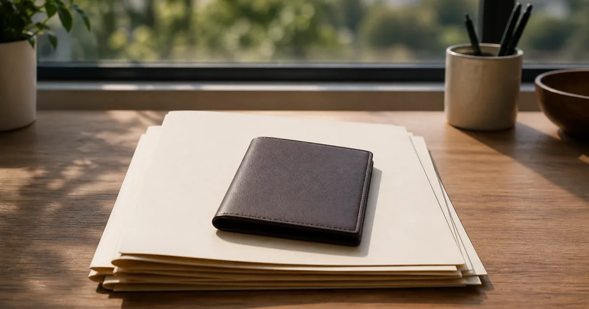 A student's passport open to a visa page resting on a desk beside a folded I-20 form and a laptop in soft window light