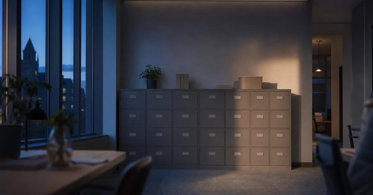 A campus international-student office at blue hour, a wall of labeled file cabinets lit by the last soft light through tall windows
