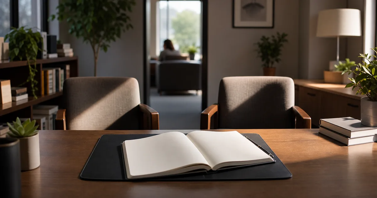 A campus international-student advisor's office in early afternoon, an open appointment book and two empty chairs across a desk