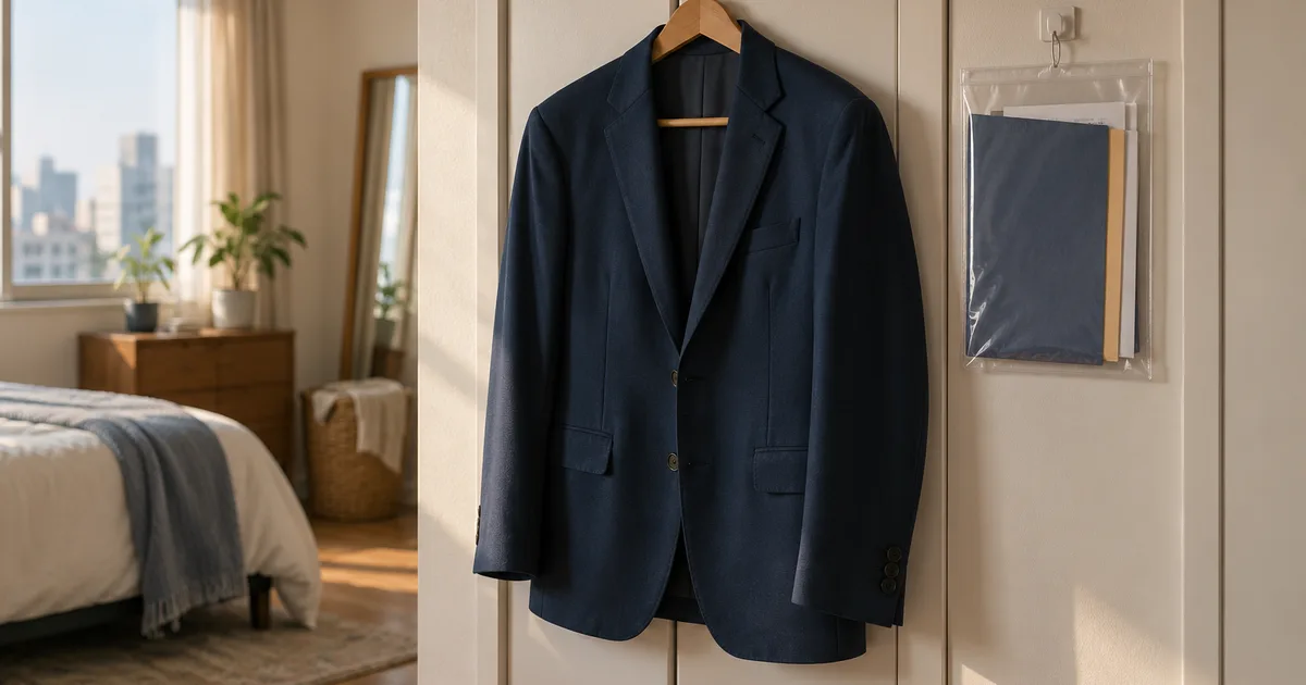 A pressed navy blazer on a wooden hanger hooked over a closet door beside a document folder in a clear sleeve, soft morning light in a small apartment