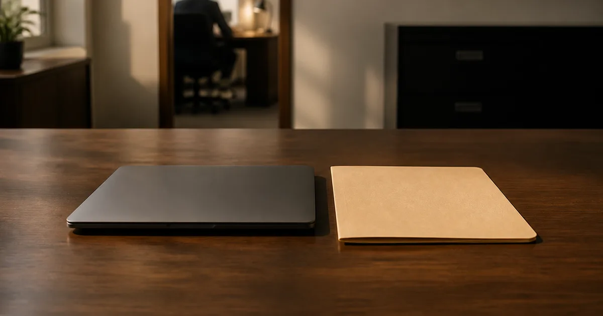 A laid-off professional at a kitchen table reviewing termination paperwork next to an open laptop and calendar