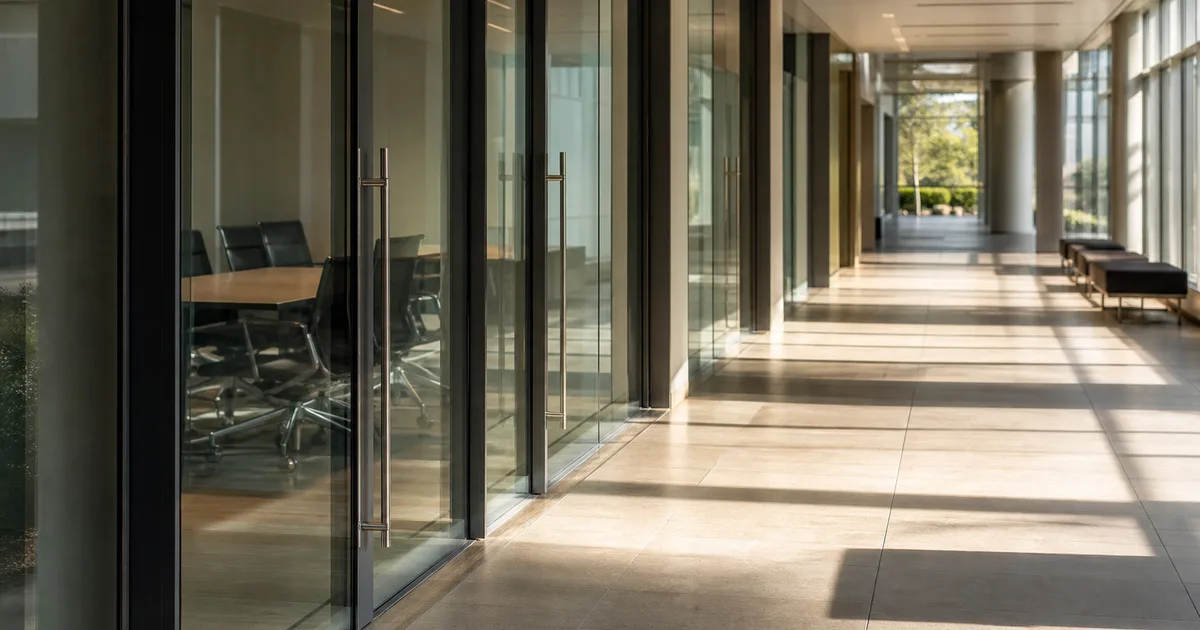 A midday university career center hallway, glass-walled meeting rooms empty, sunlight streaming across the tile floor
